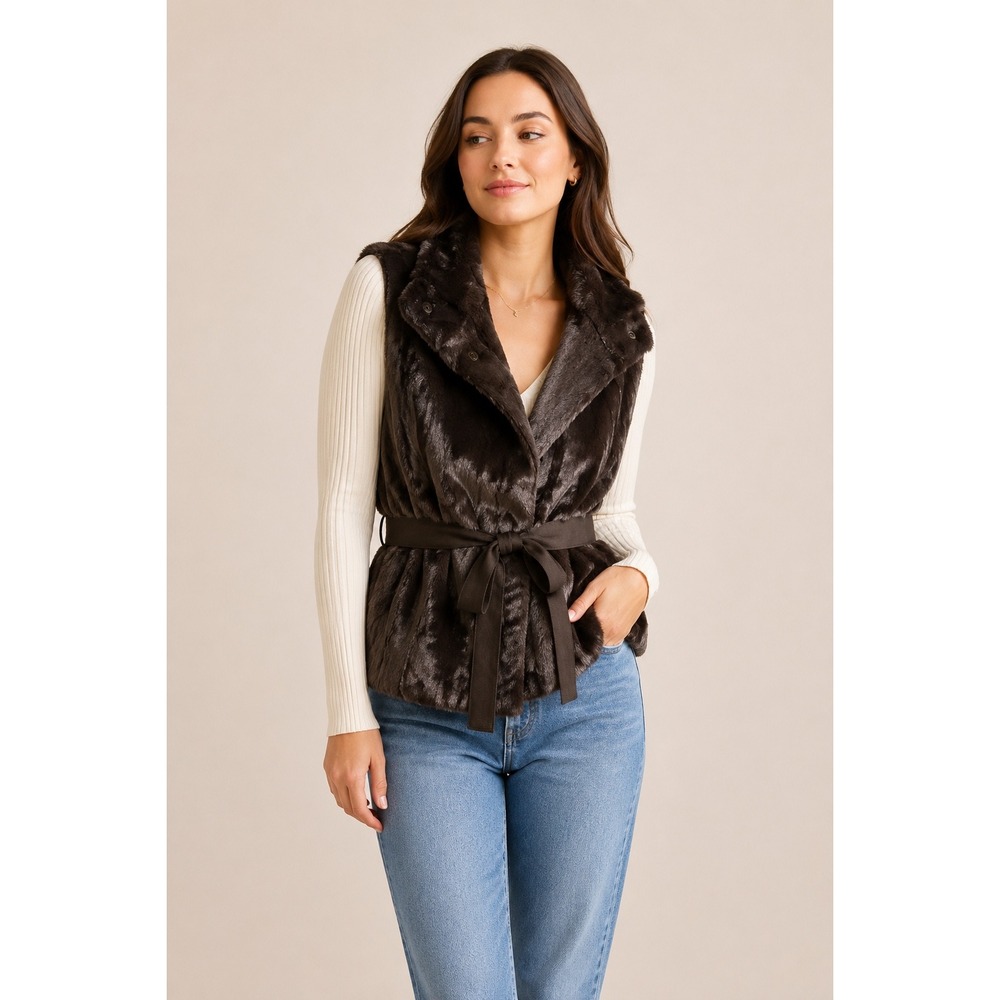 Banana Republic Faux Fur Vest Medium Brown Belted Boho Y2K Cozy